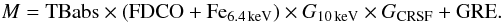 \begin{equation} \label{eq:model} M=\mathrm{TBabs}\times(\mathrm{FDCO}+\mathrm{Fe}_{6.4\,\mathrm{keV}})\times G_{10\,\mathrm{keV}}\times G_{\mathrm{CRSF}}+\mathrm{GRE}. \end{equation}