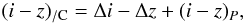 \begin{equation} (i-z)_{/{\rm C}}=\Delta i - \Delta z + (i-z)_P, \end{equation}
