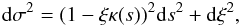 \appendix \setcounter{section}{3} \begin{equation} {\rm d} \sigma ^2= ( 1 - \xi \kappa (s) ) ^2 {\rm d} s ^2 + {\rm d}\xi ^2, \end{equation}