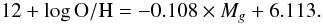 \begin{equation} 12+\log{\rm O/H} = -0.108\times M_g+6.113. \label{eq1} \end{equation}