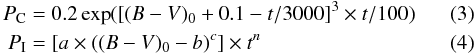 \begin{eqnarray} P_{\rm C} &&= 0.2 \exp([(B-V)_{\rm 0}+0.1-t/3000]^3 \times t/100) \\ P_{\rm I} &&= [a \times ((B-V)_{\rm 0} - b)^c] \times t^n \end{eqnarray}