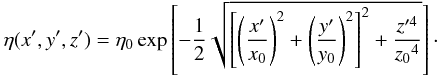 Mathematical equation: \begin{equation} \eta(x',y',z')=\eta_0\,{\rm exp}\left[-\frac{1}{2}\sqrt{\left[\left(\frac{x'}{x_{0}}\right)^2+\left(\frac{y'}{y_{0}}\right)^2 \right]^2+\frac{z'^4}{z_{0}{}^4}}\right]\cdot \label{emissivity} \end{equation}