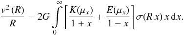 Mathematical equation: \appendix \setcounter{section}{1} \begin{equation} \frac{v^2\br{R}}{R}=2G\int\limits_{0}^{\infty} \sq{ \frac{K\!\br{\mu_x}}{1+x}+\frac{E\!\br{\mu_x}}{1-x}}\sigma\!\br{R\,x}x\,\ud{x}. \label{eq:inv} \end{equation}