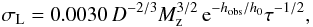 \begin{equation} \sigma_\mathrm{L} = 0.0030\, D^{-2/3} M_\mathrm{z}^{3/2}\,{\rm e}^{-h_\mathrm{obs}/h_0} \tau^{-1/2}, \label{eq:young} \end{equation}