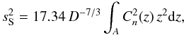 \begin{equation} s^2_\mathrm{S} = 17.34\,D^{-7/3}\int_A C_n^2(z)\,z^2 {\rm d}z, \label{eq:short_s2} \end{equation}