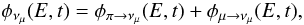 Mathematical equation: \begin{equation} \phi_{\nu_{\mu}}(E,t) = \phi_{\pi \rightarrow \nu_{\mu}}(E,t) + \phi_{\mu \rightarrow \nu_{\mu}}(E,t) , \end{equation}