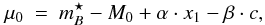 \begin{equation} \mu_0 ~=~ m_B^\star - M_0 + \alpha \cdot x_1 - \beta \cdot c, \label{eq6} \end{equation}
