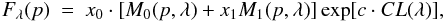 \begin{equation} F_\lambda (p) ~=~ x_0 \cdot [ M_0(p,\lambda) + x_1 M_1(p, \lambda) ] \exp[c \cdot CL(\lambda)], \label{eq4} \end{equation}