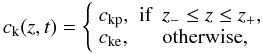 \begin{equation} \vk(z,t) = \left\{ \begin{array}{lll} \vkp, & \textrm{if} & z_- \leq z \leq z_+, \\ \vke, & &\textrm{otherwise}, \end{array} \right. \label{eq:kinkspeed} \end{equation}