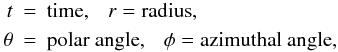\begin{eqnarray} \label{Schwarzschild-coordinates} t &=& {\rm time}, ~~~r= {\rm radius}, \nonumber\\ \theta &=& {\rm polar~angle}, ~~~\phi= {\rm azimuthal~angle}, \end{eqnarray}
