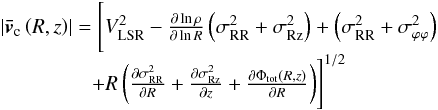 \begin{equation} \label{eqad} \begin{array}{c} \left| {{\vec{\bar v}}_{\rm{c}} \left( {R,z} \right)} \right| = \Bigg[ {V_{{\rm{LSR}}}^2 - \frac{{\partial \ln \rho }}{{\partial \ln R}}\left( {\sigma _{{\rm{RR}}}^2 + \sigma _{{\rm{Rz}}}^2 } \right) + \left( {\sigma _{{\rm{RR}}}^2 + \sigma _{\varphi \varphi }^2 } \right)} \\ + {R\left( {\frac{{\partial \sigma _{{\rm{RR}}}^2 }}{{\partial R}} + \frac{{\partial \sigma _{{\rm{Rz}}}^2 }}{{\partial z}} + \frac{{\partial \Phi _{{\rm{tot}}} \left( {R,z} \right)}}{{\partial R}}} \right)} \Bigg]^{1/2} \\ \end{array} \end{equation}
