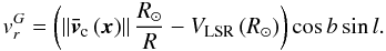 \begin{equation} \label{EQ02} \begin{gathered} v_r^G = \left( {\left\| {{\vec{\bar v}}_{\rm c} \left( {\vec{x}} \right)} \right\|\frac{{R_ \odot }}{R} - V_{\rm{LSR}} \left( {R_ \odot } \right)} \right)\cos b\sin l. \end{gathered} \end{equation}