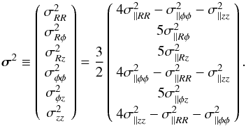 \appendix \setcounter{section}{1} \begin{equation} {\bm{\sigma }}^2 \equiv \left( {\begin{array}{*{20}c} {\sigma _{RR}^2 } \\ {\sigma _{R\phi }^2 } \\ {\sigma _{Rz}^2 } \\ {\sigma _{\phi \phi }^2 } \\ {\sigma _{\phi z}^2 } \\ {\sigma _{zz}^2 } \\ \end{array} } \right) = \frac{3} {2} \left( {\begin{array}{*{20}c} {4\sigma _{\parallel RR}^2 - \sigma _{\parallel \phi \phi }^2 - \sigma _{\parallel zz}^2 } \\ {5\sigma _{\parallel R\phi }^2 } \\ {5\sigma _{\parallel Rz}^2 } \\ {4\sigma _{\parallel \phi \phi }^2 - \sigma _{\parallel RR}^2 - \sigma _{\parallel zz}^2 } \\ {5\sigma _{\parallel \phi z}^2 } \\ {4\sigma _{\parallel zz}^2 - \sigma _{\parallel RR}^2 - \sigma _{\parallel \phi \phi }^2 } \\ \end{array} } \right). \label{EQA04} \end{equation}