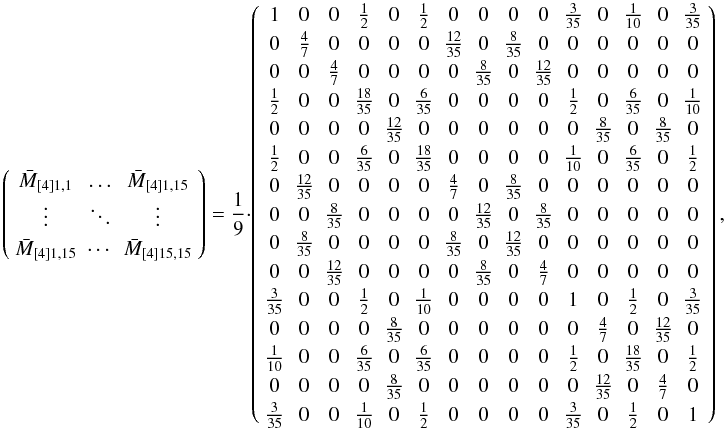 \appendix \setcounter{section}{1} \begin{equation} \left( {\begin{array}{*{20}c} {\bar M_{\left[ 4 \right]1,1} } & \ldots & {\bar M_{\left[ 4 \right]1,15} } \\ \vdots & \ddots & \vdots \\ {\bar M_{\left[ 4 \right]1,15} } & \cdots & {\bar M_{\left[ 4 \right]15,15} } \\ \end{array} } \right) = \frac{1}{9} \cdot \left( {\begin{array}{*{20}c} 1 & 0 & 0 & {\frac{1}{2}} & 0 & {\frac{1}{2}} & 0 & 0 & 0 & 0 & {\frac{3}{{35}}} & 0 & {\frac{1}{{10}}} & 0 & {\frac{3}{{35}}} \\ 0 & {\frac{4}{7}} & 0 & 0 & 0 & 0 & {\frac{{12}}{{35}}} & 0 & {\frac{8}{{35}}} & 0 & 0 & 0 & 0 & 0 & 0 \\ 0 & 0 & {\frac{4}{7}} & 0 & 0 & 0 & 0 & {\frac{8}{{35}}} & 0 & {\frac{{12}}{{35}}} & 0 & 0 & 0 & 0 & 0 \\ \end{array} } \right), \label{EQA09} \end{equation}