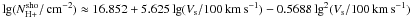 \hbox{$\lg(\Nhpsho/\cms) \approx 16.852 +5.625 \lg(\vs/100\,\kms) -0.5688 \lg^2(\vs/100\,\kms)$}