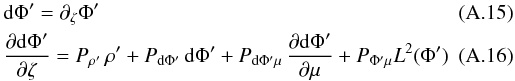 \appendix \setcounter{section}{1} \begin{eqnarray} \label{App_eq-aux} &&{\rm d}\Phi'= \partial_{\zeta} \Phi'\\ &&\frac{\partial {\rm d}\Phi'}{\partial \zeta} = P_{\rho'} \, \rho' + P_{{\rm d}\Phi'} \, {\rm d}\Phi' + P_{{\rm d}\Phi' \mu} \, \frac{\partial {\rm d}\Phi'}{\partial \mu} + P_{\Phi' \mu} L^2(\Phi') \label{App_eq_Poisson2} \end{eqnarray}