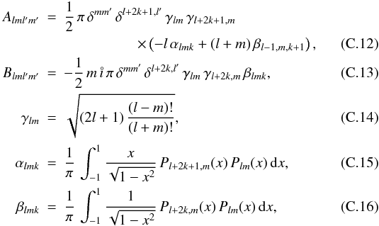\appendix \setcounter{section}{3} \begin{eqnarray} \label{Almlpmp-exp} A_{lml^\prime m^\prime} &=&{1\over 2}\,\pi\,\delta^{mm^\prime}\,\delta^{l+2k+1,l^\prime}\, \gamma_{lm}\,\gamma_{l+2k+1,m}\, \nonumber\\ && \qquad\qquad\quad \times \left(-l\,\alpha_{lmk}+(l+m)\, \beta_{l-1,m,k+1}\right), \\ \label{Blmlpmp-exp} B_{lml^\prime m^\prime} &=& -{1\over 2}\,m\,\mi\,\pi\,\delta^{mm^\prime}\,\delta^{l+2k,l^\prime}\, \gamma_{lm}\,\gamma_{l+2k,m}\,\beta_{lmk}, \\ \label{gammalm} \gamma_{lm}&=&\sqrt{(2l+1)\,{(l-m)!\over (l+m)!}}, \\ \label{alphalmk} \alpha_{lmk}&=&{1\over\pi}\,\int_{-1}^{1} {x\over \sqrt{1-x^2}}\,P_{l+2k+1,m}(x)\,P_{lm}(x)\,{\rm d}x, \\ \label{betalmk} \beta_{lmk}&=&{1\over\pi}\,\int_{-1}^{1} {1\over \sqrt{1-x^2}}\,P_{l+2k,m}(x)\,P_{lm}(x)\,{\rm d}x, \end{eqnarray}