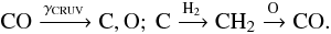 \begin{equation} \label{cotoco} \mathrm{CO}\xrightarrow{\gamma_\mathrm{CRUV}}\mathrm{C,O;\ C\xrightarrow{H_2}CH_2\xrightarrow{O}CO}. \end{equation}