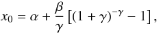 Mathematical equation: \begin{equation} x_0 = \alpha + \frac{\beta}{\gamma}\left[\left(1+\gamma\right)^{-\gamma}-1\right], \end{equation}