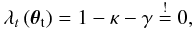 Mathematical equation: \begin{eqnarray} \lambda_t\left(\vec{\theta}_{\rm t}\right)=1-\kappa -\gamma\stackrel{!}{=}0, \label{eq:tc_curve} \end{eqnarray}
