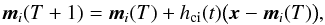 \begin{equation} \label{eq:adaption} \vec{m}_i(T+1)=\vec{m}_i(T)+h_{\rm ci}(t)\big(\vec{x}-\vec{m}_i(T)\big), \end{equation}
