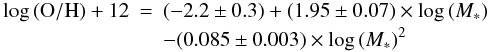 \begin{eqnarray} \label{eq:gamammr} \log\,({\rm O/H}) + 12 &=& (-2.2\pm0.3)+(1.95\pm0.07)\times\log\left(M_*\right)\nonumber\\ && -(0.085\pm0.003)\times\log\left(M_*\right)^2 \end{eqnarray}