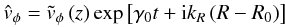 \begin{eqnarray} \nonumber \hat {v}_{\phi}=\tilde {v}_{\phi}\left(z\right) \exp\left[\gamma_{0}t+{\rm i}k_{R}\left(R-R_{0}\right)\right] \end{eqnarray}