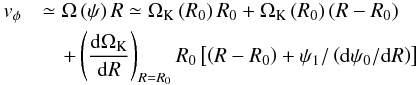 \begin{eqnarray} \nonumber v_{\phi}&&\simeq\Omega\left(\psi\right) R\simeq\Omega_{\rm K}\left( R_{0}\right) R_{0}+\Omega_{\rm K}\left( R_{0}\right) \left( R-R_{0}\right) \\ &&\quad +\left({{\rm d}\Omega_{\rm K}\over {\rm d}R}\right)_{R=R_{0}}R_{0}\left[\left(R-R_{0}\right) +\psi_{1}/\left({\rm d}\psi_{0}/{\rm d}R \right)\right] \end{eqnarray}