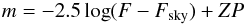 \appendix \setcounter{section}{1} \begin{equation} m=-2.5\log(F-F_{\rm sky})+ZP \end{equation}