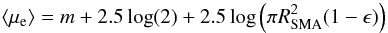 \begin{equation} \label{mueff} \langle\mu_{\rm e}\rangle=m+2.5\log(2)+2.5\log\left(\pi R_{\rm SMA}^2(1-\epsilon)\right) \end{equation}