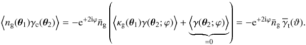 \begin{equation} \label{eq:tanshear} \Ave{n_{\rm g}(\vec{\theta}_1)\gamma_{\rm c}(\vec{\theta}_2)}= -\e^{+2\i\varphi}\bar{n}_{\rm g}\left( \Ave{\kappa_{\rm g}(\vec{\theta}_1)\gamma(\vec{\theta}_2;\varphi)} +\underbrace{\Ave{\gamma(\vec{\theta}_2;\varphi)}}_{=0} \right) =-\e^{+2\i\varphi}\bar{n}_{\rm g} \,\overline{\gamma}_{\rm t}(\vartheta). \end{equation}