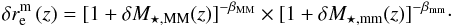\begin{equation} \delta r_{\rm e}^{\rm m}\,(z) = [1 + \delta M_{\star,{\rm MM}}(z)]^{-\beta_{\rm MM}} \times [1 + \delta M_{\star,{\rm mm}}(z)]^{-\beta_{\rm mm}}\cdot \end{equation}