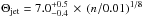\hbox{$\Theta_{\rm jet} = 7.0^{+0.5}_{-0.4} \,\times\, (n/0.01)^{1/8}$}