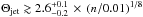 \hbox{$\Theta_{\rm jet} \gtrsim 2.6^{+0.1}_{-0.2} \,\times\, (n/0.01)^{1/8}$}