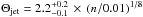 \hbox{$\Theta_{\rm jet} = 2.2^{+0.2}_{-0.1} \,\times\, (n/0.01)^{1/8}$}
