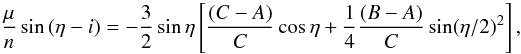 \begin{equation} \frac{\mu}{n} \sin{(\eta - i)} = -\frac{3}{2} \sin{\eta} \left[ \frac{(C-A)}{C} \cos{\eta} + \frac{1}{4} \frac{(B-A)}{C} \sin(\eta/2)^2 \right], \label{eq:cassini} \end{equation}