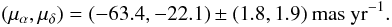 \begin{equation} (\mu_{\alpha}, \mu_{\delta}) = (-63.4, -22.1) \pm (1.8, 1.9)\ \rm{mas\ yr^{-1}}. \end{equation}