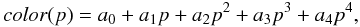 Mathematical equation: $$ color(p) = a_0 + a_1 p + a_2 p^2 + a_3 p^3 + a_4 p^4, $$