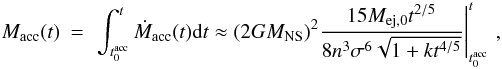 \begin{eqnarray} \label{eq:deltaMapp} M_{\rm acc}(t) &=& \left.\int_{t^{\rm acc}_0}^t \dot{M}_{\rm acc}(t) {\rm d}t\approx (2 G M_{\rm NS})^2\frac{15 M_{\rm ej,0} t^{2/5}}{8 n^3 \sigma^6 \sqrt{1+k t^{4/5}}}\right|_{t^{\rm acc}_0}^t\, , \end{eqnarray}