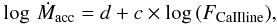 \begin{equation} \log\,{\dot{M}_{\rm acc}} = d + c\times \log\,(F_{\rm CaIIline}), \end{equation}