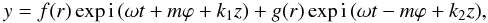 \begin{eqnarray} y=f(r)\exp{{\rm i}\left(\omega t +m\varphi+k_1 z\right)}+g(r)\exp{{\rm i}\left(\omega t -m\varphi+k_2 z\right)}, \label{standthet0} \end{eqnarray}