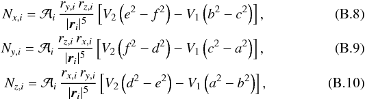 \appendix \setcounter{section}{2} \begin{eqnarray} N_{x,i}=\mathcal{A}_{i}\,\frac{r_{y,i}\,r_{z,i}}{|\vec{r}_{i}|^{5}} \left[{V_{2}\left(e^{2}-f^{2}\right)-V_{1}\left(b^{2}-c^{2}\right)}\right], \\ N_{y,i}=\mathcal{A}_{i}\,\frac{r_{z,i}\,r_{x,i}}{|\vec{r}_{i}|^{5}} \left[{V_{2}\left(f^{2}-d^{2}\right)-V_{1}\left(c^{2}-a^{2}\right)}\right], \\ N_{z,i}=\mathcal{A}_{i}\,\frac{r_{x,i}\,r_{y,i}}{|\vec{r}_{i}|^{5}} \left[{V_{2}\left(d^{2}-e^{2}\right)-V_{1}\left(a^{2}-b^{2}\right)}\right], \end{eqnarray}