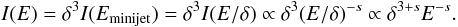 \begin{equation} \label{Eq:DefI} I(E) = \delta^3 I(E_{\rm minijet}) = \delta^3 I(E/\delta) \propto \delta^3 (E/\delta)^{-s} \propto \delta^{3+s} E^{-s}. \end{equation}