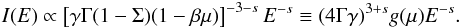 \begin{equation} I(E) \propto \left[\gamma\Gamma(1-\Sigma)(1-\beta\rm \mu) \right]^{-3-s} E^{-s} \equiv (4\Gamma\gamma)^{3+s} g(\mu) E^{-s}. \end{equation}