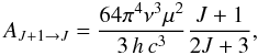 Mathematical equation: \begin{equation} \A{\J+1}{\J} = \frac{64 \pi^{4} \nu^{3} \mu^{2}}{3\,h\,c^3} \frac{\J+1}{2\J+3}, \end{equation}