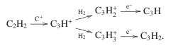 Mathematical equation: \begin{equation*} \xymatrixrowsep{-0.1cm} \xymatrixcolsep{0.6cm} \hskip-9mm\xymatrix{ & & & \chem{C_3H^+_2} \ar[r]^{\tiny \chem{e^{-}}} & \CCCH\\ & \CCHH \ar[r]^{\tiny \Cp} & \CCCHp \ar[ru]^{\tiny \HH} \ar[rd]_{\tiny \HH} & & \\ & & & \CCCHHHp \ar[r]^{\tiny \chem{e^{-}}} & \CCCHH.} \end{equation*}
