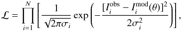 Mathematical equation: \appendix \setcounter{section}{1} \begin{equation} \likelihood = \prod_{i=1}^{N} \bracket{\frac{1}{\sqrt{2\pi\sigma_i}} \exp\paren{-\frac{[I^\emr{obs}_i-I^\emr{mod}_i(\theta)]^2}{2\sigma_i^2}}}, \end{equation}