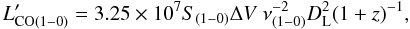 Mathematical equation: \begin{equation} L^{\prime}_{{\rm CO(1-0)}}=3.25 \times 10^7 S_{(1-0)} \Delta V\ \nu^{-2}_{(1-0)} D_{{\rm L}}^2 (1+z)^{-1}, \end{equation}