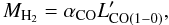 Mathematical equation: \begin{equation} M_{{\rm H_2}}=\alpha_{{\rm CO}} L^{\prime}_{{\rm CO(1-0)}}, \end{equation}