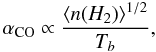 Mathematical equation: \begin{equation} \label{eq: alpha_co temperature} \alpha_{{\rm CO}}\propto\frac{\langle n(H_2)\rangle^{1/2}}{T_b}, \end{equation}